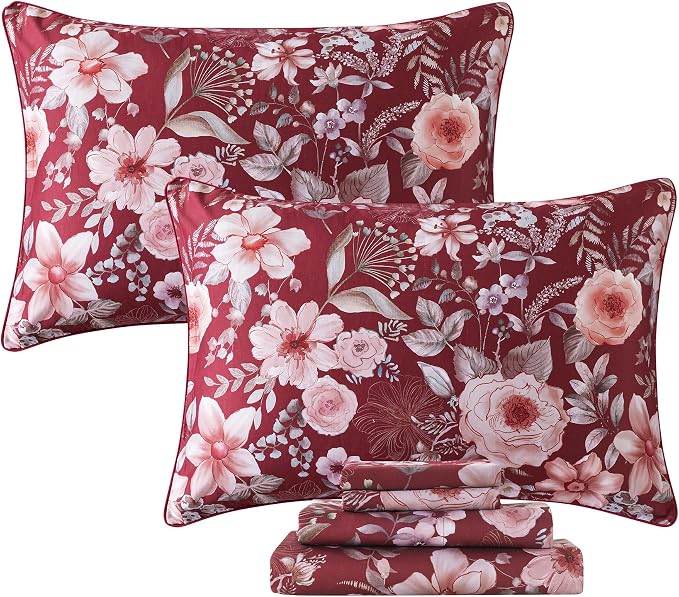 FADFAY Floral Sheets Set Full Vintage Red Floral Bedding Shabby Pink Rose Elegant Peony Sheets Rustic Farmhouse Bedding 800 Thread Count 100% Egyptian Cotton Deep Pocket Fitted Sheet 4Pcs, Full Size