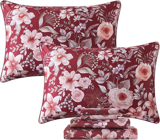 FADFAY Rose Floral Sheets Cal King Vintage Red Floral Bedding Shabby Pink Peony Sheets Farmhouse Bedding 800 Thread Count 100% Egyptian Cotton Soft Deep Pocket Fitted Sheet 4Pcs, California King Size