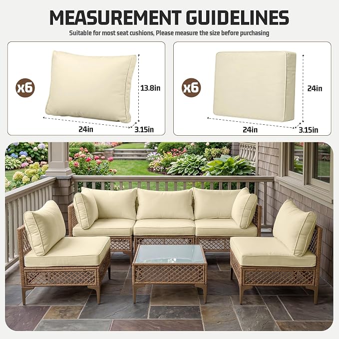 12pcs Outdoor Patio Cushion Covers Replacement, 24" Zippered Outdoor Cushion Covers Waterproof, UV Resistant & Washable Patio Furniture Cushion Covers Waterproof for Patio Sectional, Covers Only Beige
