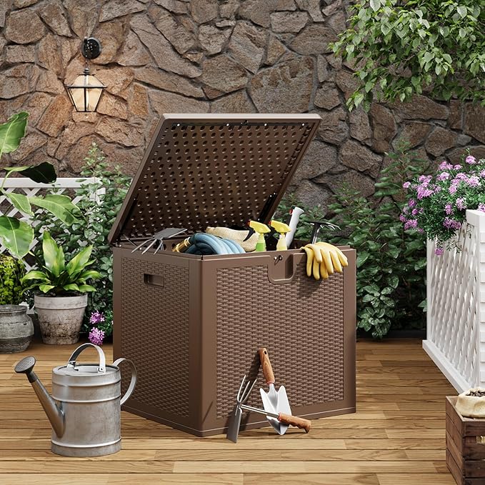 Garvee 80 gal Outdoor Storage Box, Large Waterproof Resin Deck Box Indoor Outdoor Use, Lockable UV Resistant Storage Bin for Patio, Garden, Cushions, Tools, Equipment, Brown