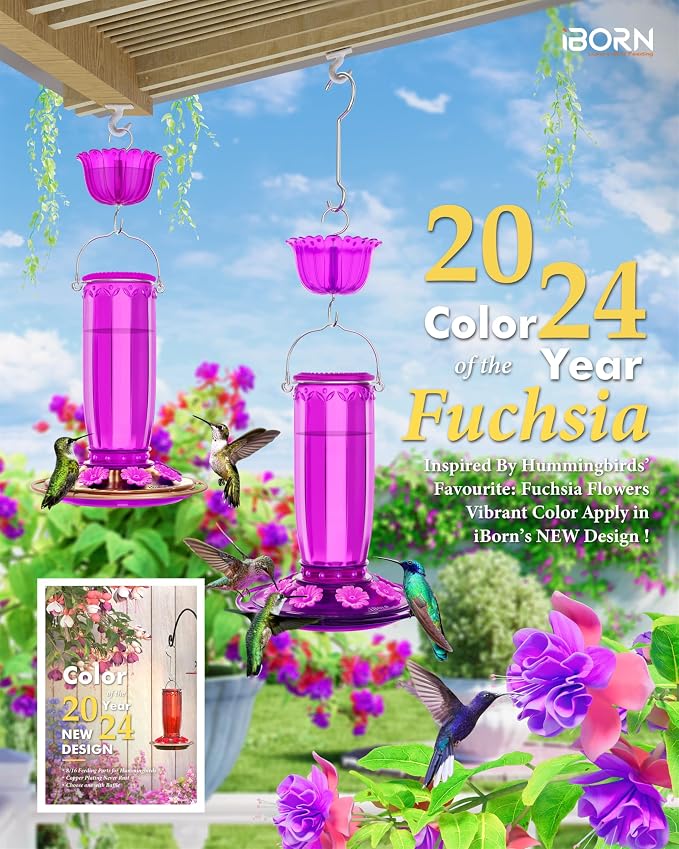 iBorn Hummingbird Feeders for Outdoors Hanging with Ant Moat for Hummingbird Feeder Glass 8 Ports for 16oz Humming Bird Nectar, Fuchsia Magenta, Pack of 1