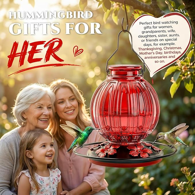 2 Pack Glass Hummingbird Feeder for Outdoors Hanging, Bird Nectar Feeder with Perch & 5 Flower Feeding Ports, 26 Oz Leak Proof for Outside Garden Decor Backyard, Gifts for Women Mom, Red