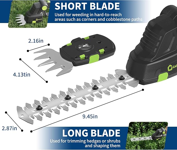 Cordless Hedge Trimmer, 2-in-1 Electric Hedge Trimmer, 20V 2.0Ah Grass Shears and Hedges Trimmers, with 2 Battery and Charger, Usage Time Can Last Up to 120 Minutes, for Gardens, Yards and Lawns