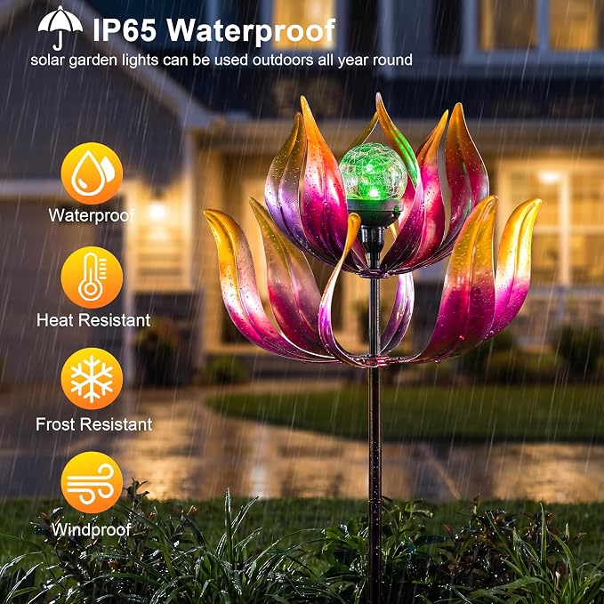 Solar Wind Spinner Outdoor Metal Decor - 61" Tall Lotus Kinetic Yard Art with Color-Changing Crackle Glass LED Light, Dual-Directional Wind Catcher Lawn Ornament for Garden, Patio & Yard Gift