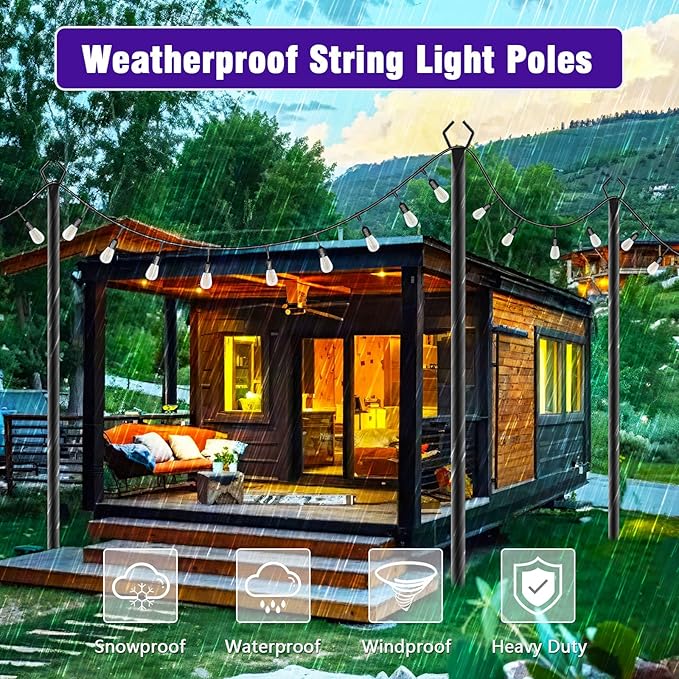 zoegi 10 Pack 10Ft String Light Poles,Light Poles for Outside Lights with Fork,Outdoor Brackets Hanging Lights,Metal Stand for Deck Patio,Backyard,Wedding,Deck,Party