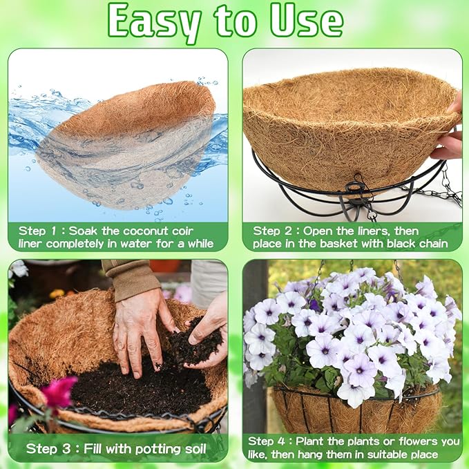 ZeeDix 6 Pack 12 Inch Metal Round Hanging Planter Basket with Coconut Liners Replacement, Hanging planters Baskets with Natural Coco Liner for Outdoor Indoor Planters Flowers Vegetables