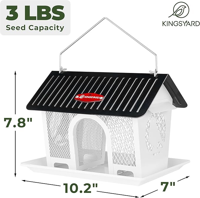 Kingsyard Bird Feeder for Outdoors Hanging, Dual-Use Metal Mesh Wild Bird Feeders with Seed Tray & Weatherproof Roof, 3 lbs Large Capacity, White