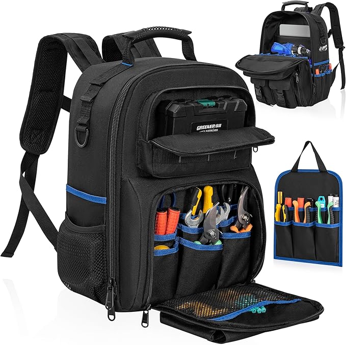 Tool Backpack for Men, Heavy Duty Tool Bag with Removable Tool Organizer, Durable Water-Resistant Work Backpack, Upgrade(Black & Blue)