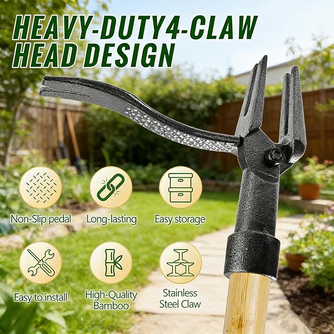Weed Puller Tool, Stand Up Heavy Duty Weed Remover Tool with Long Handle & 4-Claw Steel Head, Bamboo Garden Hand Weeding Tool - Easily Remove Weeds Without Bending, Pulling,or Kneeling