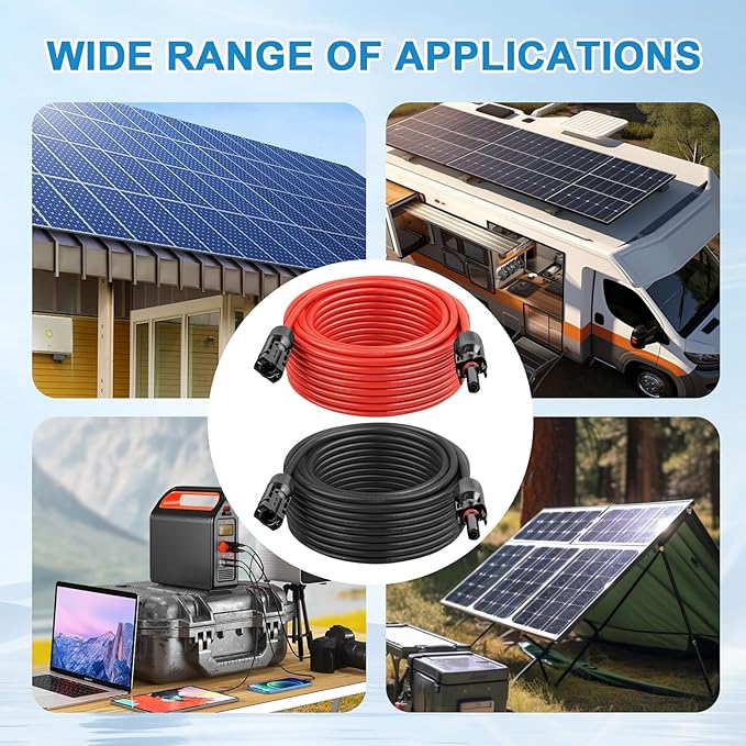 MOOKEERF Solar Panel Extension Cable - 12AWG 100FT Solar Wire with Female & Male Waterproof Connector PV Wire for RV, Photovoltaic Systems, Home, Boat, Solar Panels, Car(100ft Red + 100ft Black)