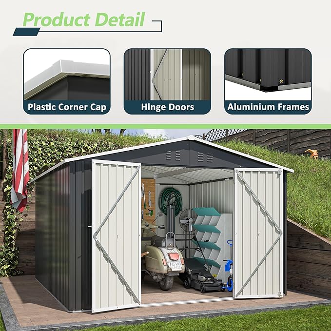 KEIKI Storage Shed 10x10 FT, Large Metal Tool Shed for Outdoor Storage, Galvanized Steel Garden Shed with Lockable Doors for Patio, Backyard, Lawn, Black