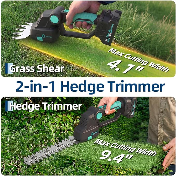 Cordless Hedge Trimmer and Grass Shear 2 in 1, 20V Electric Handheld Shrub Trimmer with 2 Batteries and Charger, Adjustable Head, Dual Safety Lock for Lawn and Garden Care