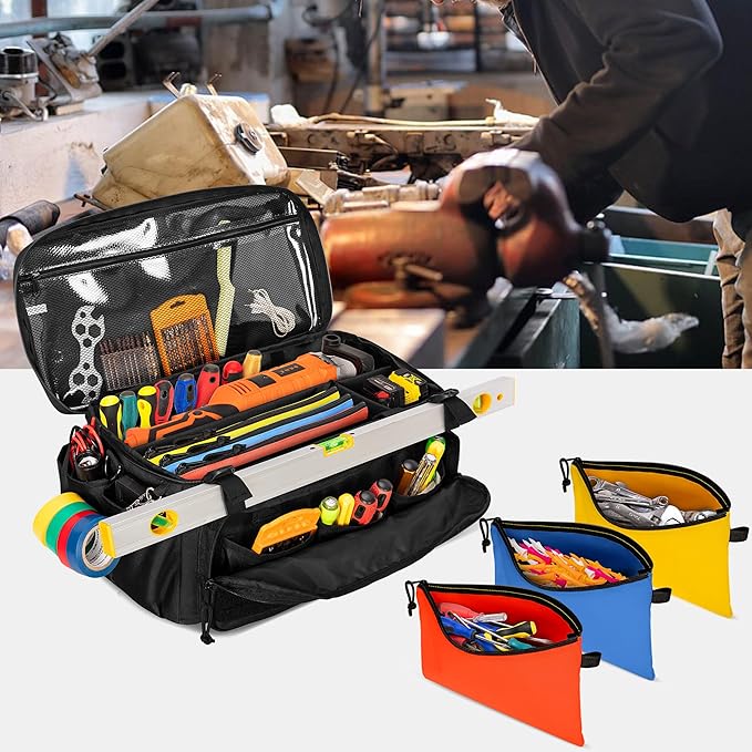 Rexmica 17-Inch Tool Bag with 3 Tool Pouches, Tool Storage Organizer for Men with Anti-friction and Padded Bottom, Tactical Range Bag, Multi-functional Work Bag for Repairman, Electrician, Carpenter