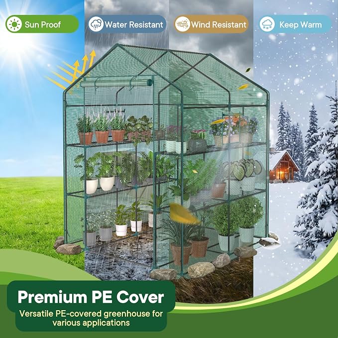 OLIXIS Outdoor Greenhouse, Walk-in Greenhouse with 2 Tier 8 Plant Shelves, Durable PVC Cover, 56"×56"×77" Portable Greenhouses for Outdoor Garden, Patio, Porch, Backyard Green Houses, Green