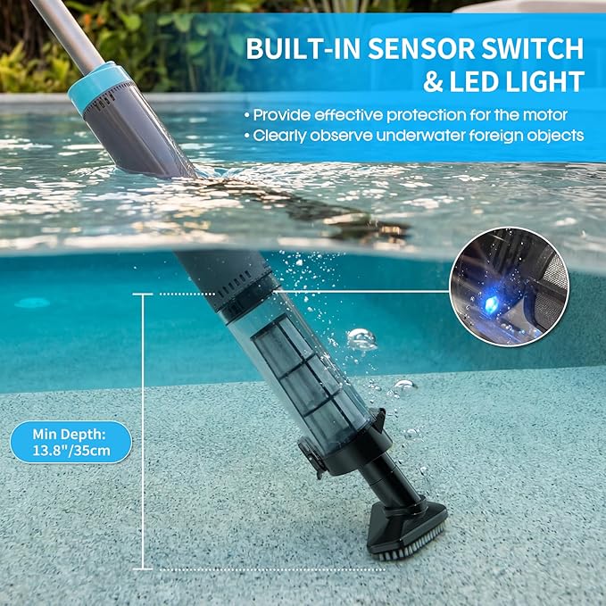 VERVEWAVE Handheld Hot Tub Vacuum, Cordless Small Pool Vacuum for Above Ground Pool with 3 Brush Heads & LED Light, Rechargeable Spa Vacuum Up to 90Mins Runtime, Ideal for Cleaning Small Debris Types