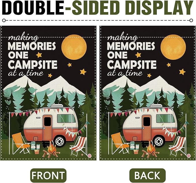 Dyrenson Camper RV 28 x 40 House Flag Double Sided, Making Memories One Campsite at a Time Camping Garden Yard Decoration, Campfire Firepit Burlap Outdoor Decor Decorative Large Flag