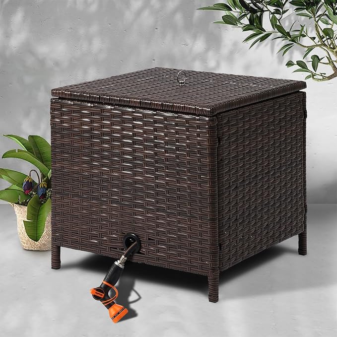 Decorative Garden Hose Storage Box with Lid, Weather Resistant Handwoven PE Rattan Water Hose Holder, Storage For Garden Tools, 200FT 5/8'' Hose Capacity