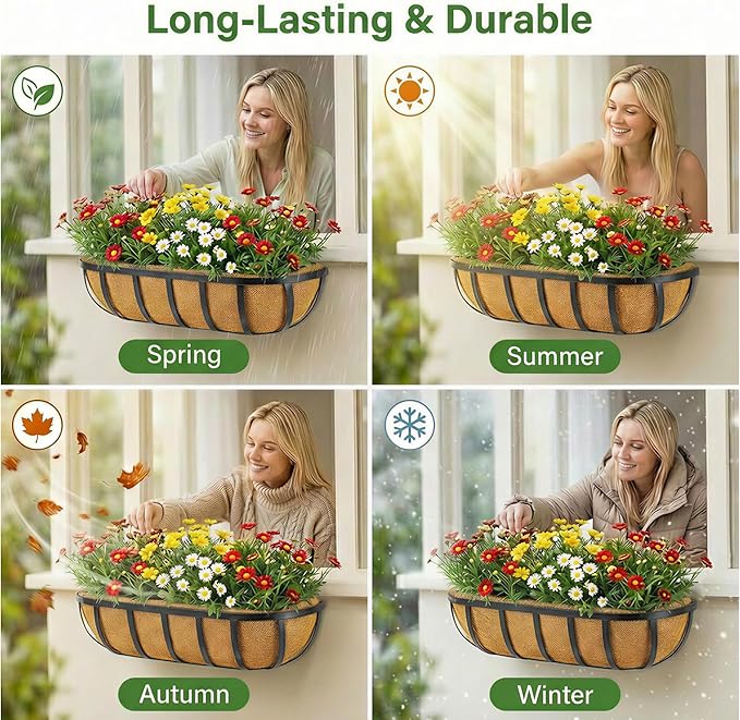 Y&M 4pcs 24 Inch Window Deck with Coco Liner, 24" Window Boxes Horse Trough with Coconut Coir Liner, Black Metal Hanging Flower Planter Window Basket Deck Railing Planter Boxes for Outdoor Indoor