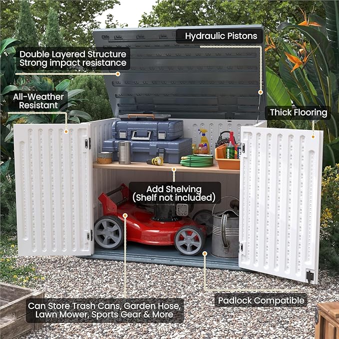 UDPATIO 4.5' x 2.5' Outdoor Storage Shed Horizontal Outdoor Trash Can Storage Box Plastic Shed Resin Cabinet,White & Grey,35 Cu.Ft