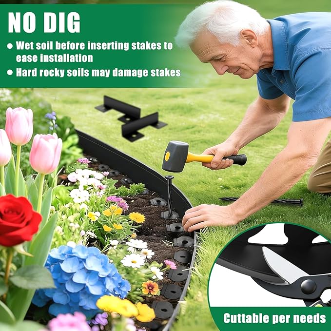 Landscape Edging Border - 1.5”x100’ Garden Edging Border with 130 Stakes, No Dig Lawn Edging for Landscaping for Garden Bed, Thickened Top Edge Flexible Flower Bed Border Edging for Outdoor