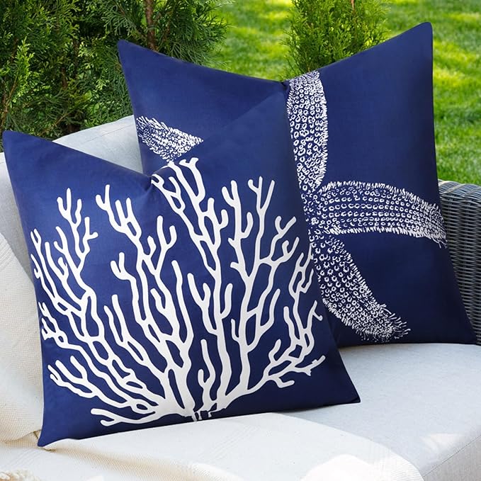 Adabana Spring Outdoor Waterproof Coastal Pillow Covers 18x18 Inch Set of 2 Nautical Starfish Coral Throw Pillow Covers Sunmmer Farmhouse Decorations for Beach Patio Sofa, Navy Blue