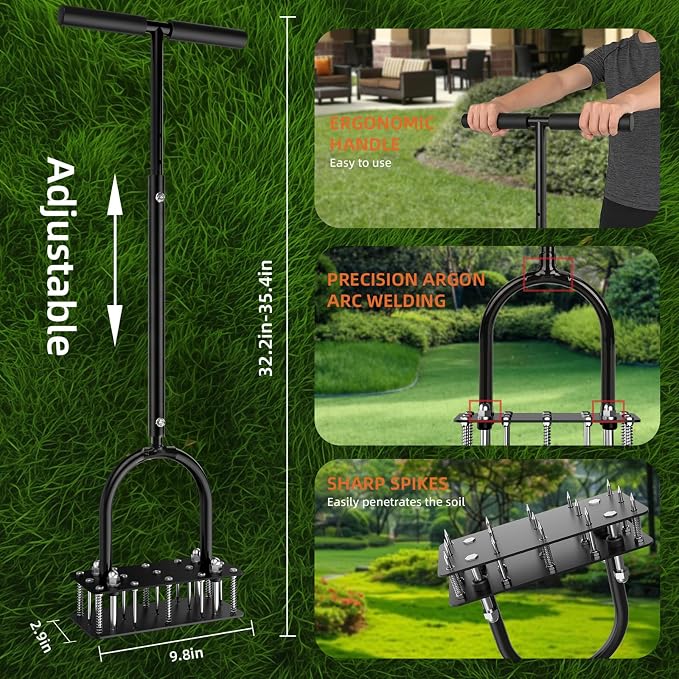 GAINO Manual Lawn Aerator Tool with 15 Spikes, 32"-35" Adjustable T-Handle Aerator for Lawn, Automatic Dirt Ejection Design, Heavy Duty Yard Grass Aerator for Soil Compaction, Black