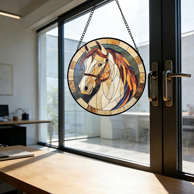 DASTOLL Stained Glass Window Hanging, Animal Horse Colored Mane Sun Catchers Glass Panel Cool Suncatcher Decor for Birthday for Women, Men, Wife, Aunt, and Mom 11.8x11.8 in