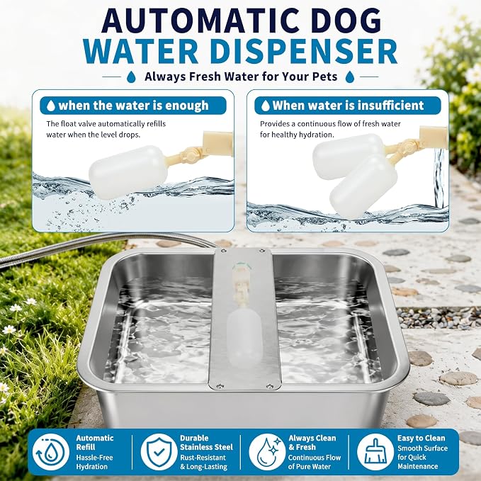 5 Gallon Automatic Dog Water Dispenser, Large Dog Water Bowl Dispenser for Outdoor, Stainless Steel Pet Bowl for Waterer Auto Fill Pet Waterer for Livestock Dogs Cats Chicken Fit 3/4'' GHT Faucet