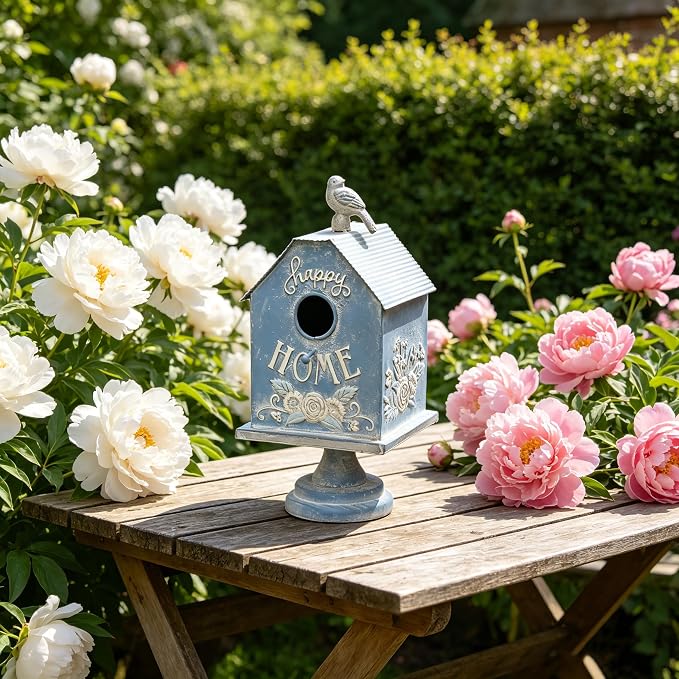 Rustic Blue Metal Bird House, Decorative Bird House with Happy Home Accents & Bird Topper, Standing Design Bird Home - Ideal Outdoor Garden Decor