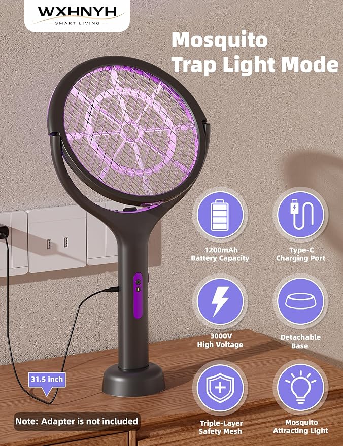Electric Fly Swatter with Extendable Handle & Rotating Head, 3000V Rechargeable Bug Zapper Racket, 1200mAh Long Lasting, Reach Every Corner, Indoor Outdoor Mosquito Swatter