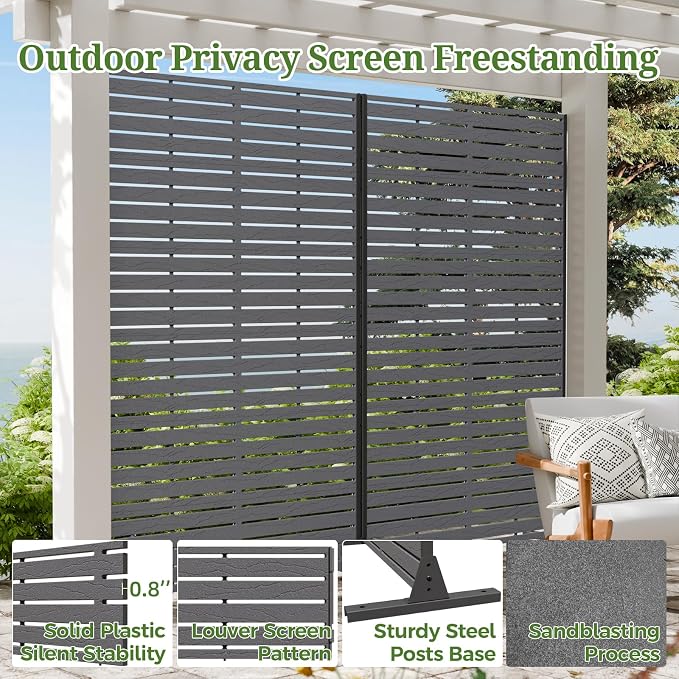 Privacy Screen Outdoor 72" Hx47 W Freestanding Privacy Panel with Stand, HDPE Decorative Privacy Fence with Sandblasting Louver Pattern, Patio Divider Screen, Privacy Screens for Outside