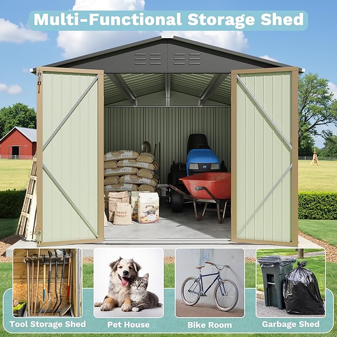 Greesum 8x12FT Outdoor Storage Shed, Utility Tool Shed with Sloping Roof, Metal Storaged Garden Shed with Door & Lock for Patio Storage, Brown