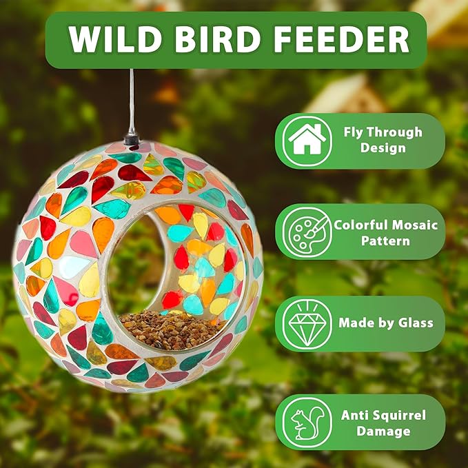Lily's Home Hanging Outdoor Fly Through Wild Bird Feeder, an Excellent Addition to Any Garden, Mosaic. 5.5 Inches Diameter - Multi Color Droplets