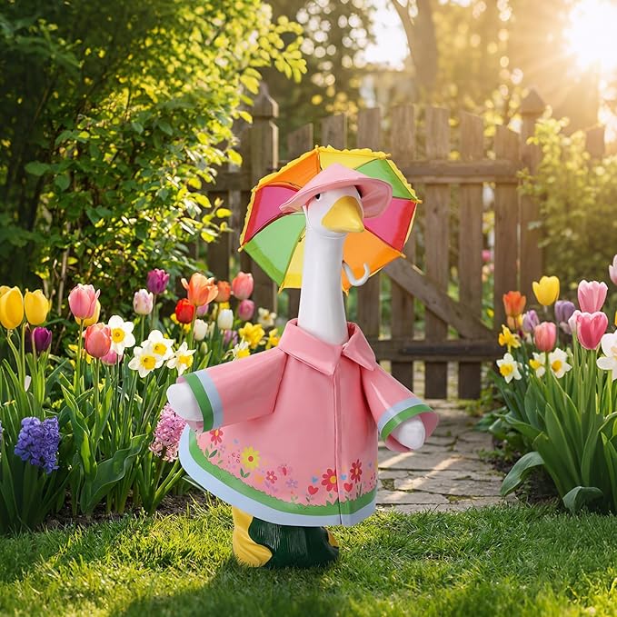DECOHS 3 Pcs/Set Raincoat Porch Goose Outfits, Summer Lawn Goose Statue Raincoat Costume, Yard Goose Clothes Raincoats Umbrella Hat Outfit for 23" Statue Patio Garden Decoration (Pink)