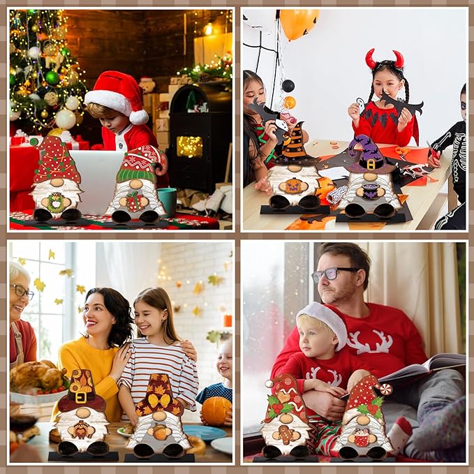 68 Pcs Seasonal Interchangeable Wooden Gnome Decor Farmhouse Holiday 2 Pcs Gnome Standing Centerpieces Decoration with 2 Wooden Bases 64 Detachable Hats Magnet Pieces for DIY Holiday Decorations