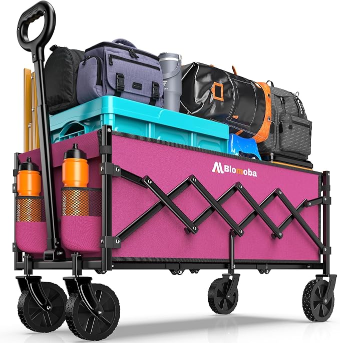 35'' Extra Long Collapsible Wagon with Wheels, 220 LBS Folding Wagon with 360° Swivel Wheels Adjustable Handle, Lightweight Portable Utility Cart for Grocery, Shopping, Garden, Sports, Camping, Pink
