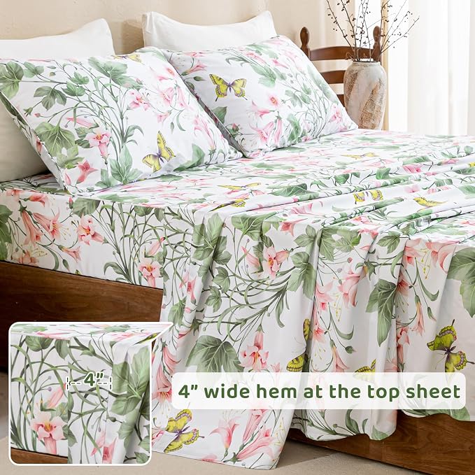 QSH 100% Egyptian Cotton Sheets Set King Size Butterfly Floral Bedding Sheets Spring Leaves Print Bed Sheets Deep Pockets Sheet 4PCs
