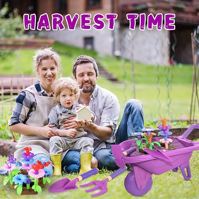 Qtioucp 16Pcs Kids Gardening Tools Outdoor Toys Set Backyard Play with 93 PCS DIY Flower Garden Building Preschool Activities (Purple)