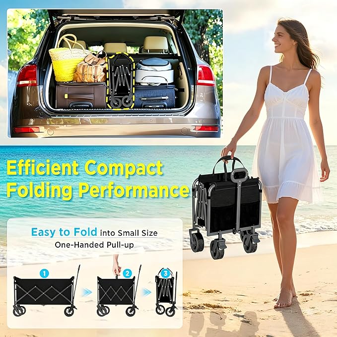 Wagons Carts Foldable Collapsible Foldable Extended Wagon with Brakes, 500lbs Weight Capacity, Heavy Duty Folding Utility Garden Cart with Big All-Terrain Beach Wheels & Drink Holders