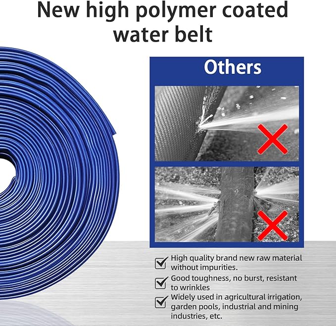 YASHINE PVC HOSE 2"*50ft, Pool Backwash Hose, Heavy Duty Reinforced Blue PVC Lay Flat Water, For Swimming Drain Pools and Clean Filters, with 2 Clamp
