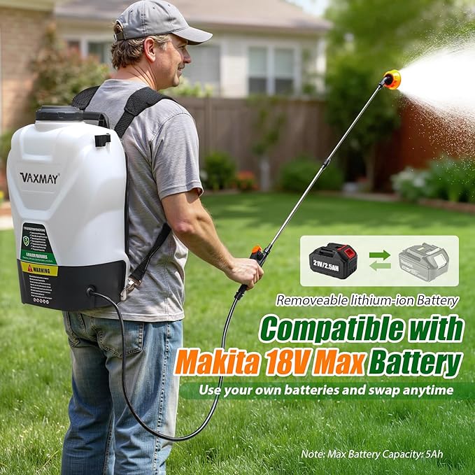 VAXMAY Backpack Sprayer 4.2 Gallon Battery Powered, 100 PSI Electric Garden Sprayer Works with Makita 18V Battery, Weed Lawn Yard Sprayer with 42" Telescopic Wand, 5 Nozzles, 2.5Ah Battery & Charger