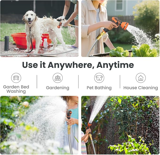 Giraffe Tools Garden Hose 75ft x 5/8", 304 Stainless Steel Metal Water Hose, No Kink Garden Water Hose with 9 Pattern Spray Nozzle, Flexible, Lightweight, Kink Free Hose for Yard, Outdoor