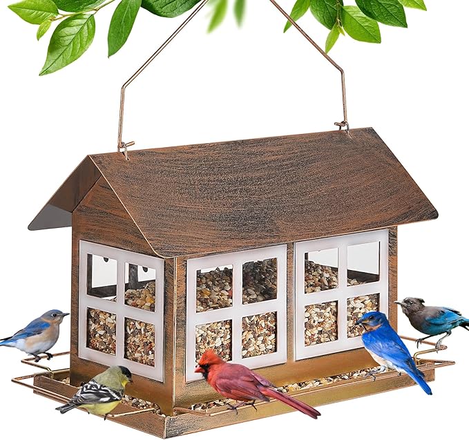 Bird Feeders, Heavy Duty Metal Bird Feeder for Outdoors Hanging, Weatherproof Large Capacity Wild Birdfeeder for Outside Garden Yard, Country House Shape (Horizontal)
