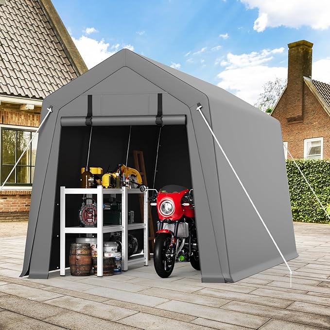7x10FT Heavy Duty Outdoor Storage Tent, Waterproof & UV-Resistant Outdoor Motorcycle Storage Tent Garage Shelter with Roll-Up Zipper Doors, Portable Carport for Bikes Firewood