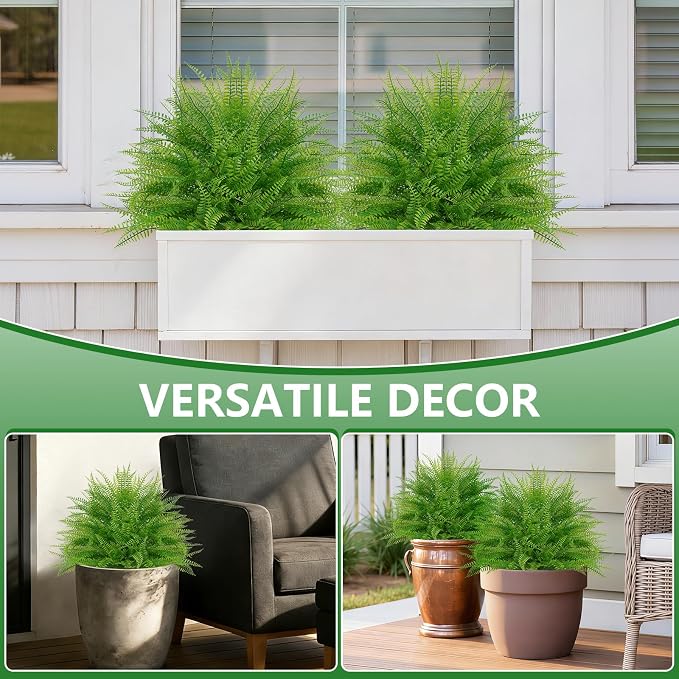 Grooy Artificial Fern Topiary Ball with Ground Spike, Set of 2 Faux Boston Fern Plants Shrub, Fake UV Resistant Evergreen Bushes for Porch Garden Indoor Outdoor Decor