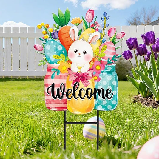 JarThenaAMCS Easter Metal Garden Stake Welcome Yard Sign Watercolor Bunny Rabbit Vase Decorative Lawn Sign for Spring Home Outside Lawn Porch Walkway Pathway