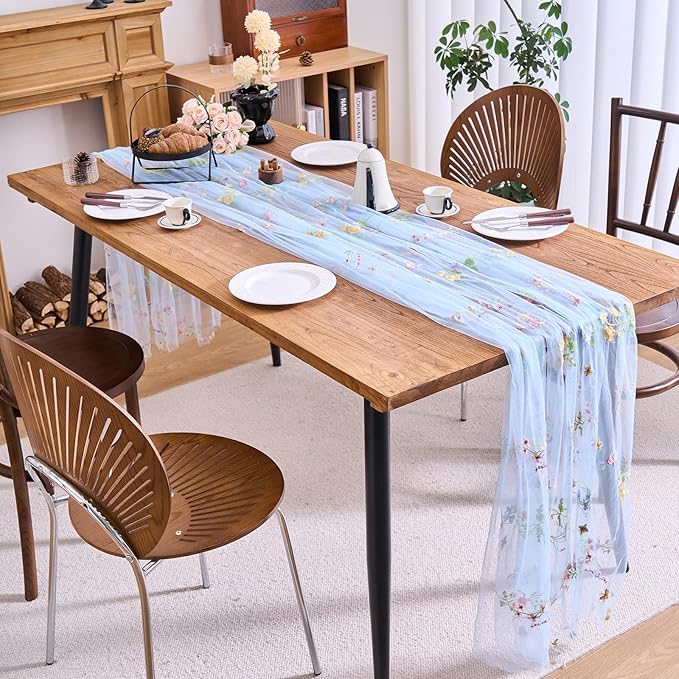 vctops 2 Packs Embroidery Lace Spring Table Runner 10ft Floral Garden Seasonal Tulle Table Runner Holiday Kitchen Dining Table Decoration for Wedding Party Baby Shower Birthday (Blue,30"x120")