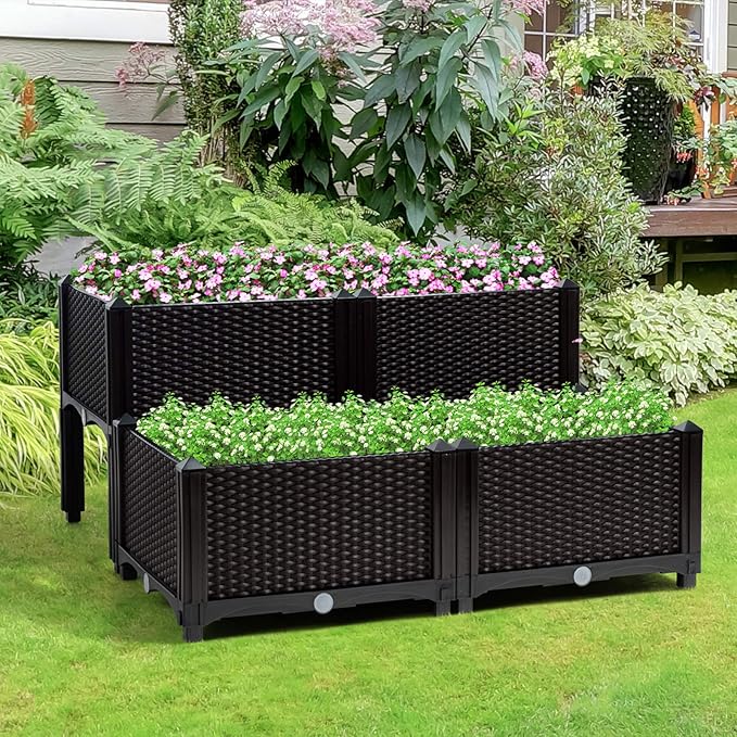 HAPPYGRILL Raised Garden Beds, Set of 4 Elevated Planter Boxes with Drain Holes & Removable Legs, Outdoor Raised Flower Bed for Patio Yard Balcony