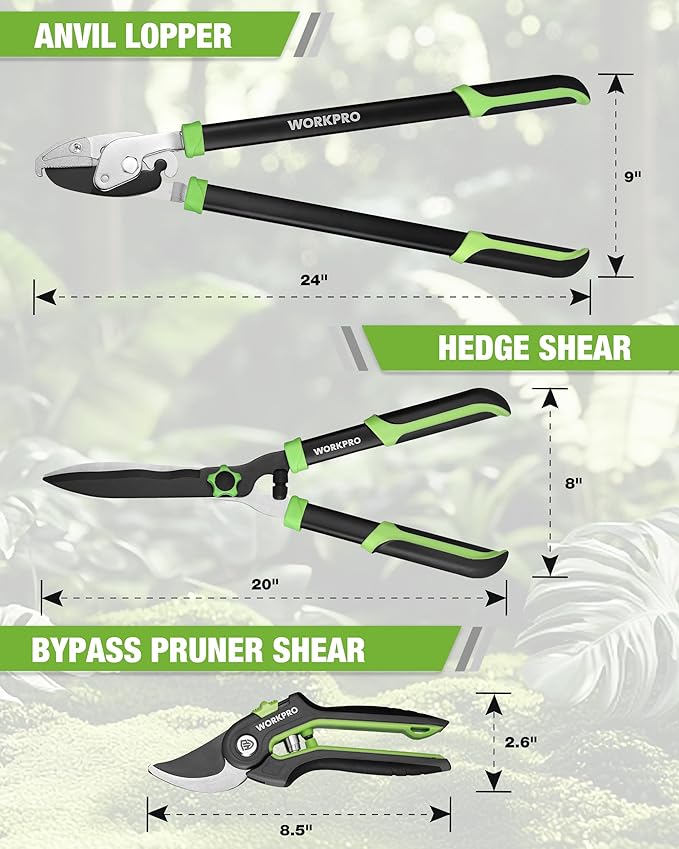 WORKPRO 3-Piece Garden Shears Set - 20” Hedge Shear, 24” Anvil Lopper & 8” Pruning Shear, Heavy-Duty Gardening Clippers with Sharp Blade, Comfort Grip Handle for Branches, Shrubs, and Hedges