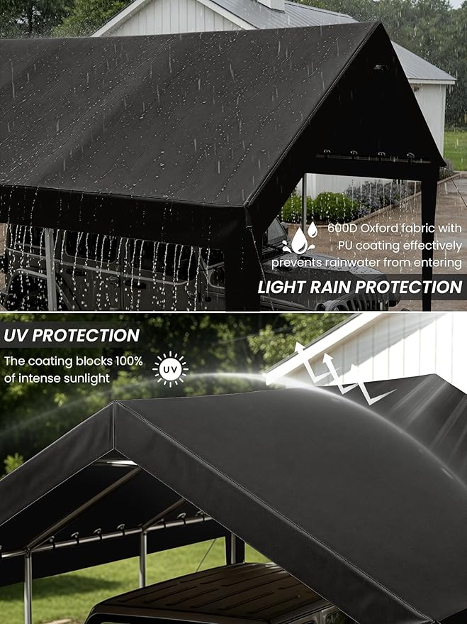 10 x 20 Ft Carport Replacement Cover, Heavy Duty Outdoor Car Tarp Canopy, Waterproof & UV Protected Tear Oxford Tarp with Ball Bungees (Frame is Not Included)